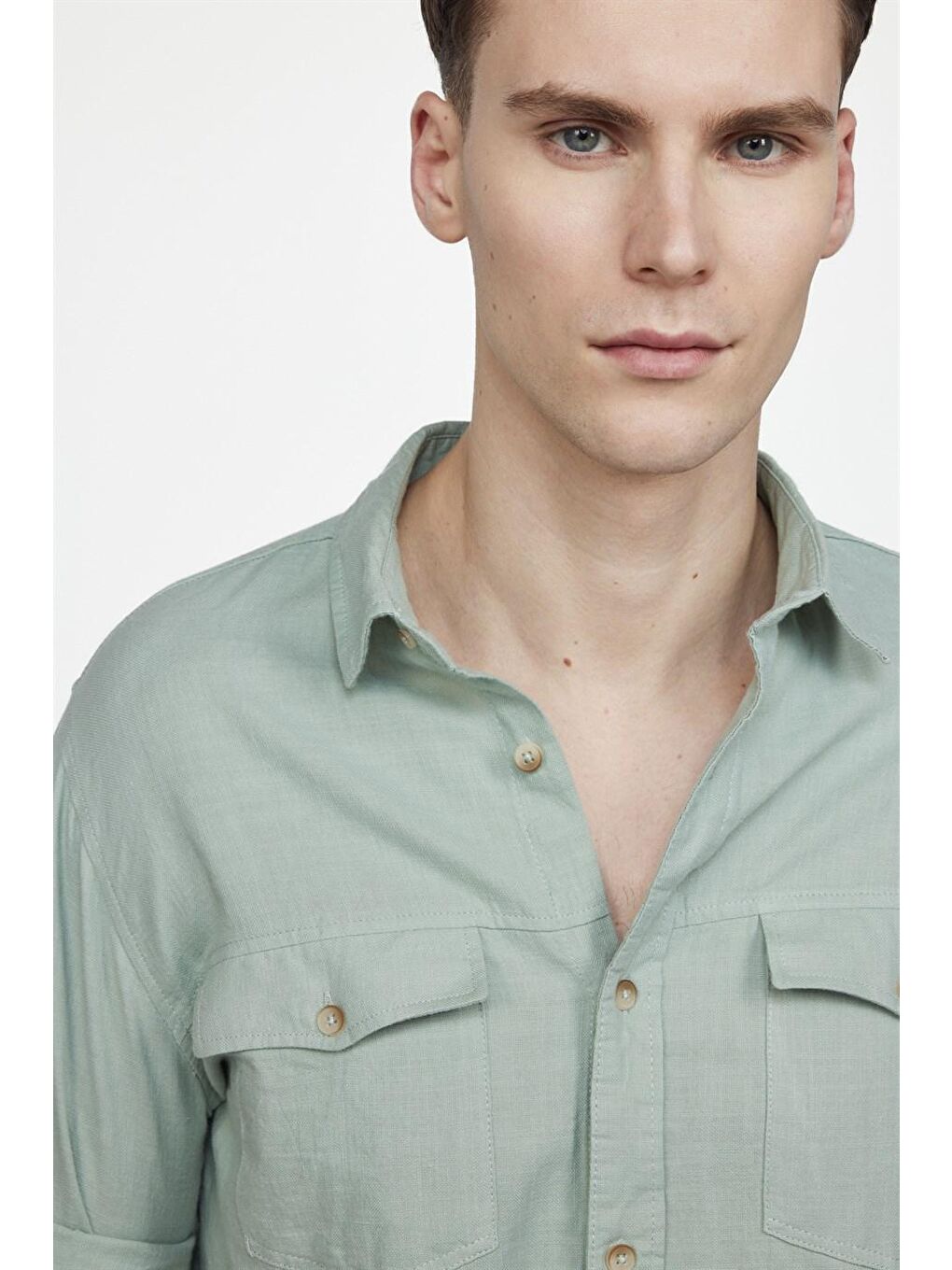 Slim Fit Uzun Kol Çift Cep Pamuk Keten Spor Yaka Erkek Yeşil Gömlek-2