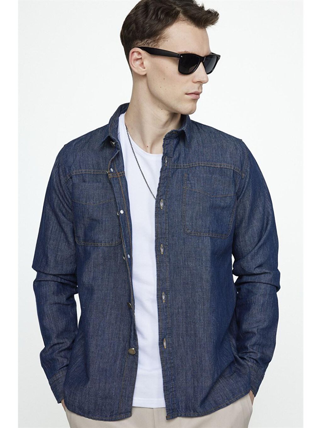 Slim Fit Önü Parçalı Çift Cepli Pamuklu Denim Erkek Lacivert Jean Gömlek-2