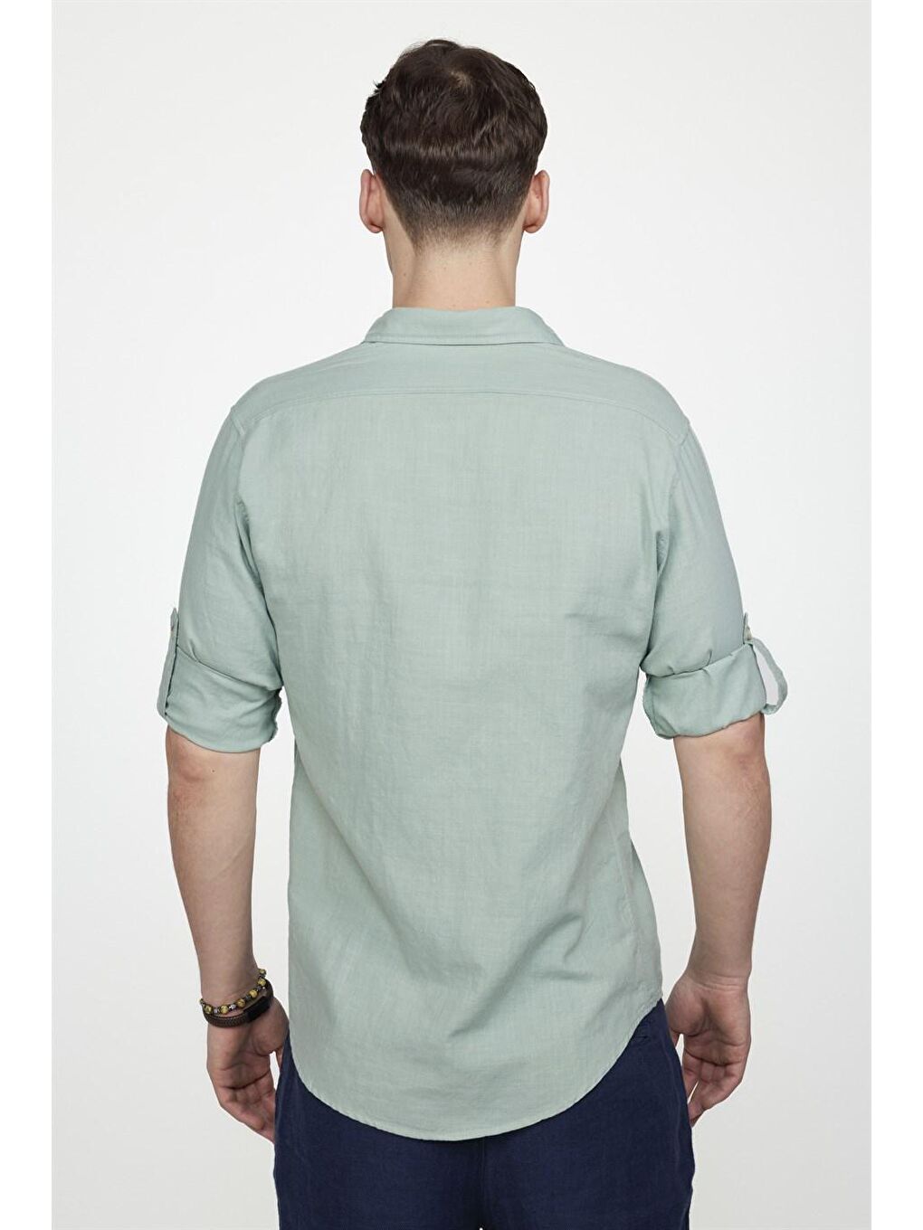 Slim Fit Uzun Kol Çift Cep Pamuk Keten Spor Yaka Erkek Yeşil Gömlek-3