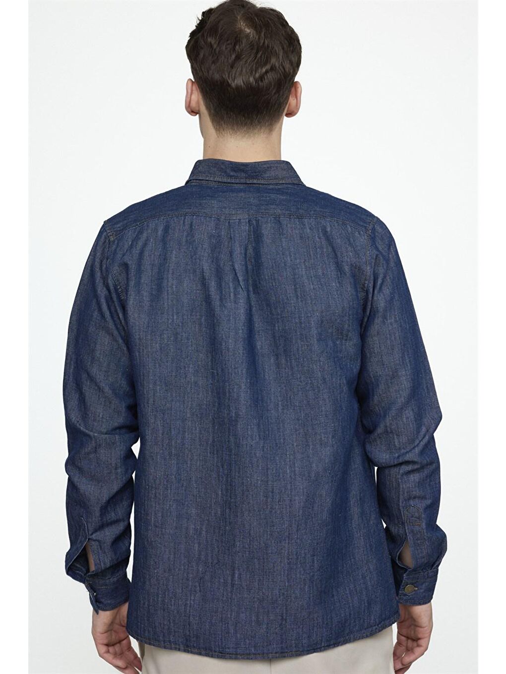 Slim Fit Önü Parçalı Çift Cepli Pamuklu Denim Erkek Lacivert Jean Gömlek-3