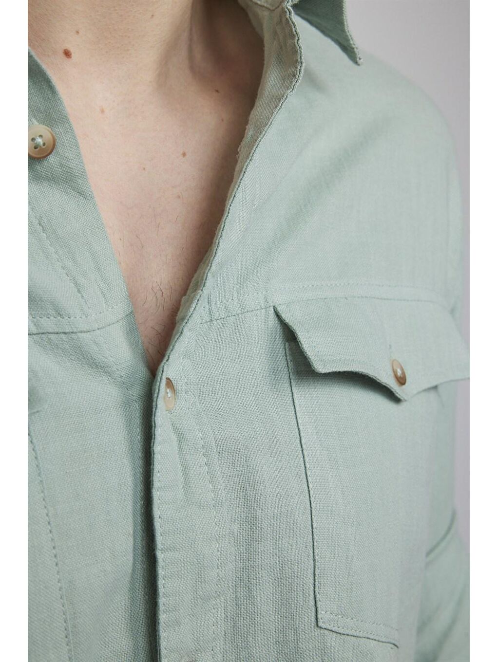 Slim Fit Uzun Kol Çift Cep Pamuk Keten Spor Yaka Erkek Yeşil Gömlek-4