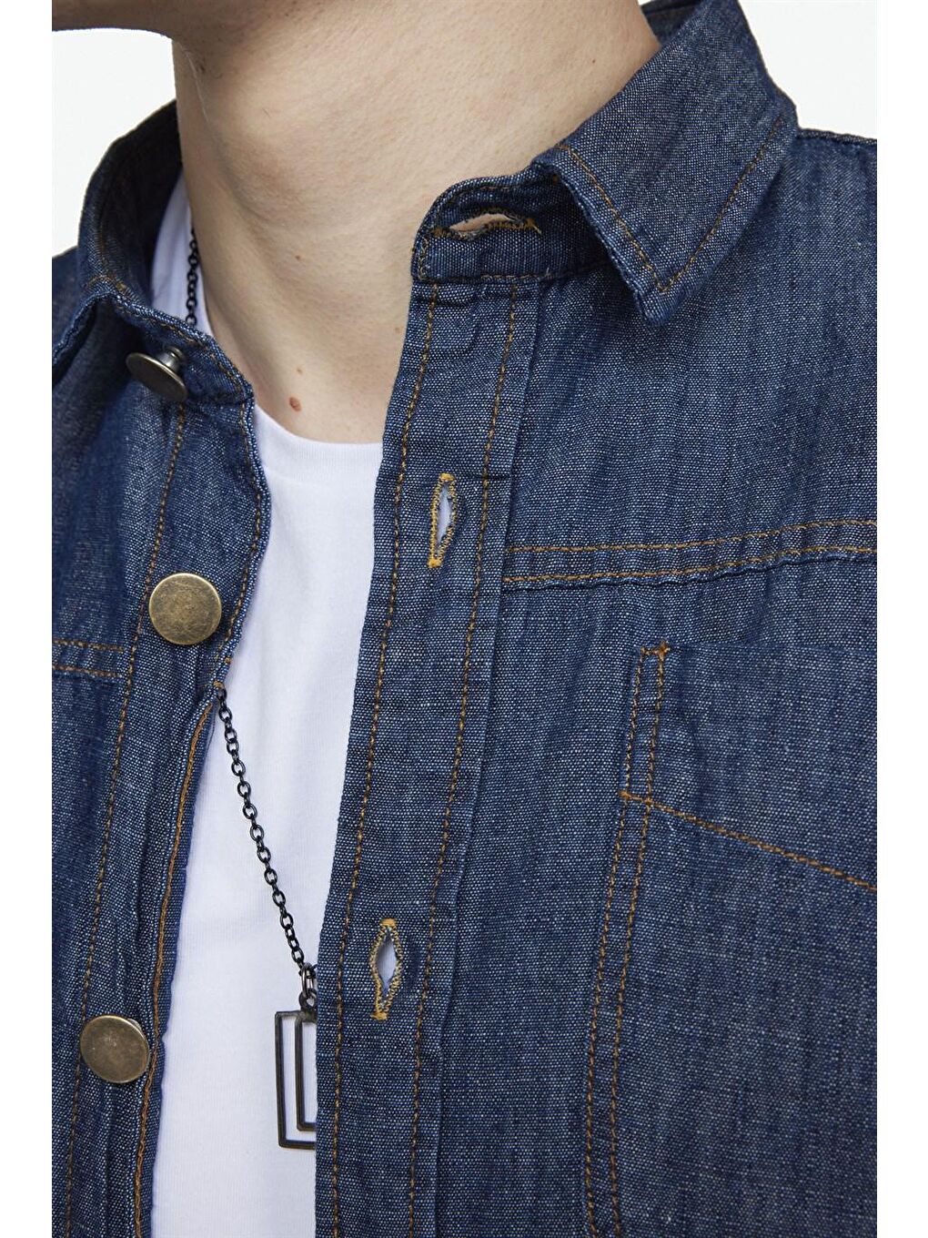 Slim Fit Önü Parçalı Çift Cepli Pamuklu Denim Erkek Lacivert Jean Gömlek-4