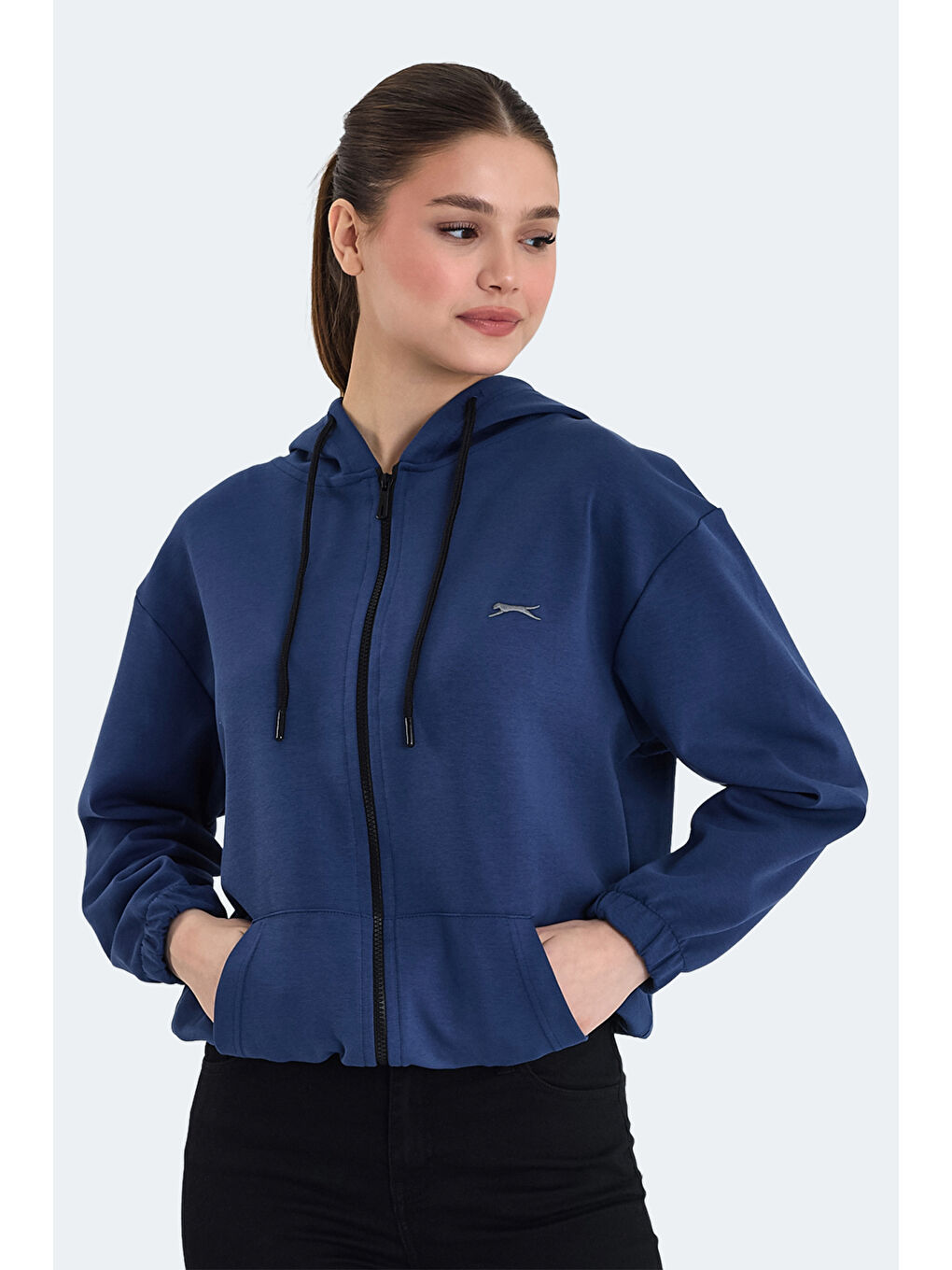 İndigo KIMBERLEY IN Kadın Fermuarlı Kapüşonlu Cepli Indigo Sweatshırt-3