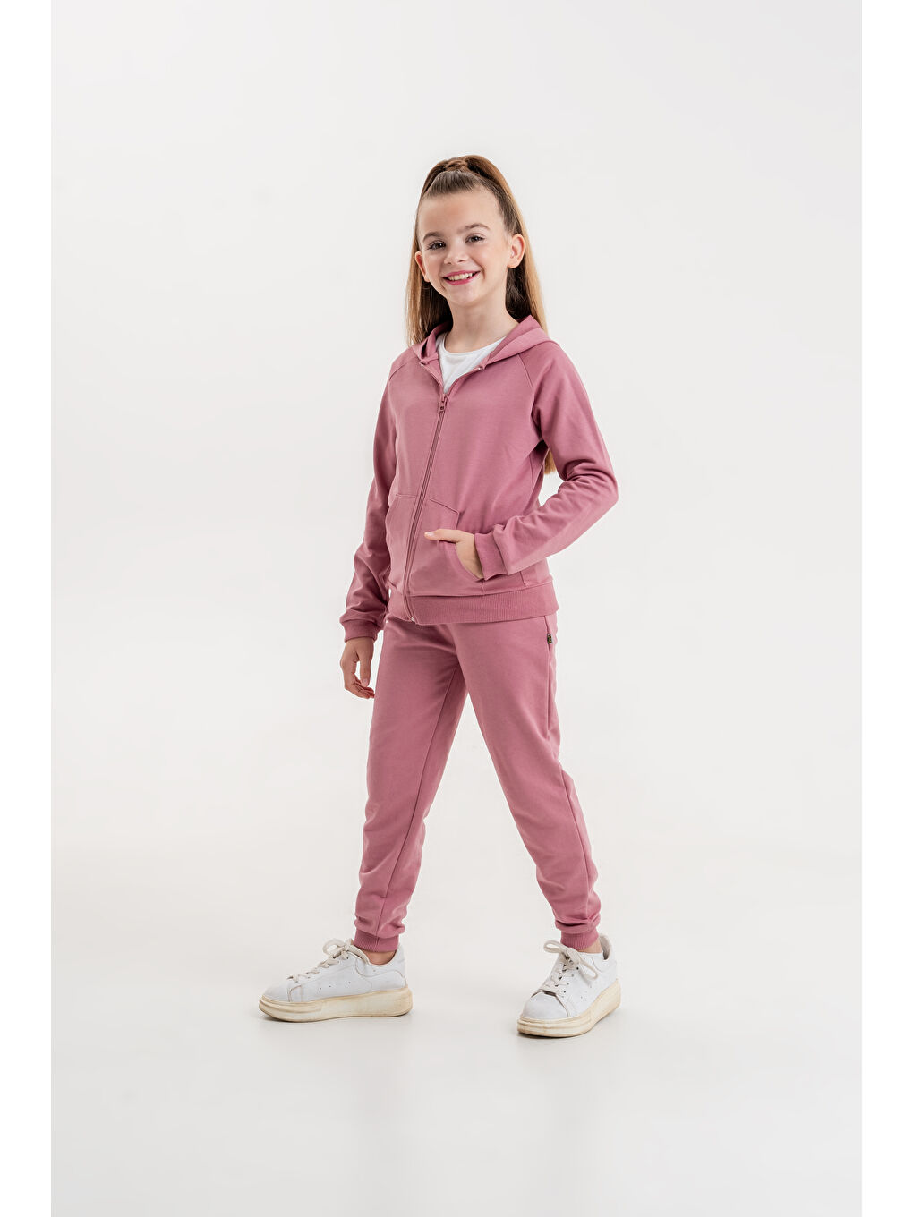 Pembe Basic Kız Çocuk Spor Fermuarlı Eşofman Takımı-1