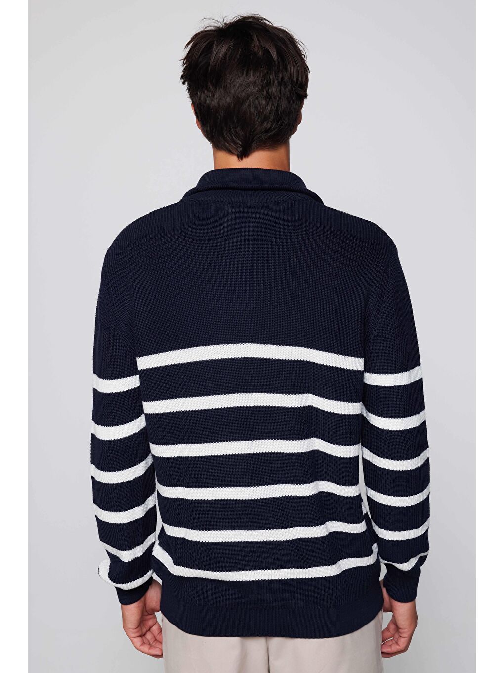 Karışık Erkek Slim Fit Fermuarlı Dik Yaka Çizgili Pamuklu Kazak-4