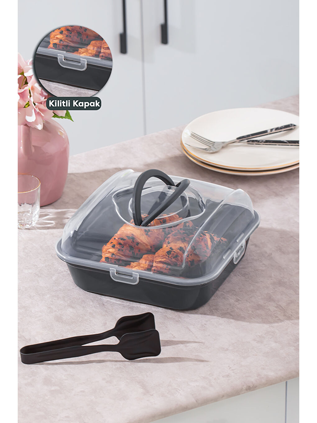 Antrasit 1094 Pasta Kek Börek Kabı - Taşıma çantası - Kilitli Fanus-2