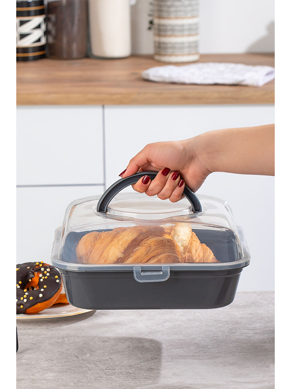 Antrasit 1094 Pasta Kek Börek Kabı - Taşıma çantası - Kilitli Fanus-3