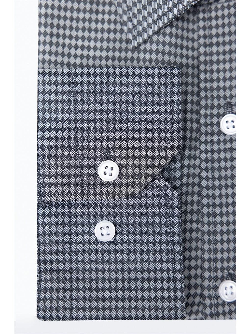 Büyük Beden Pamuklu Kolay Ütülenebilir Armürlü Kravatlık Erkek Gri Gömlek-2