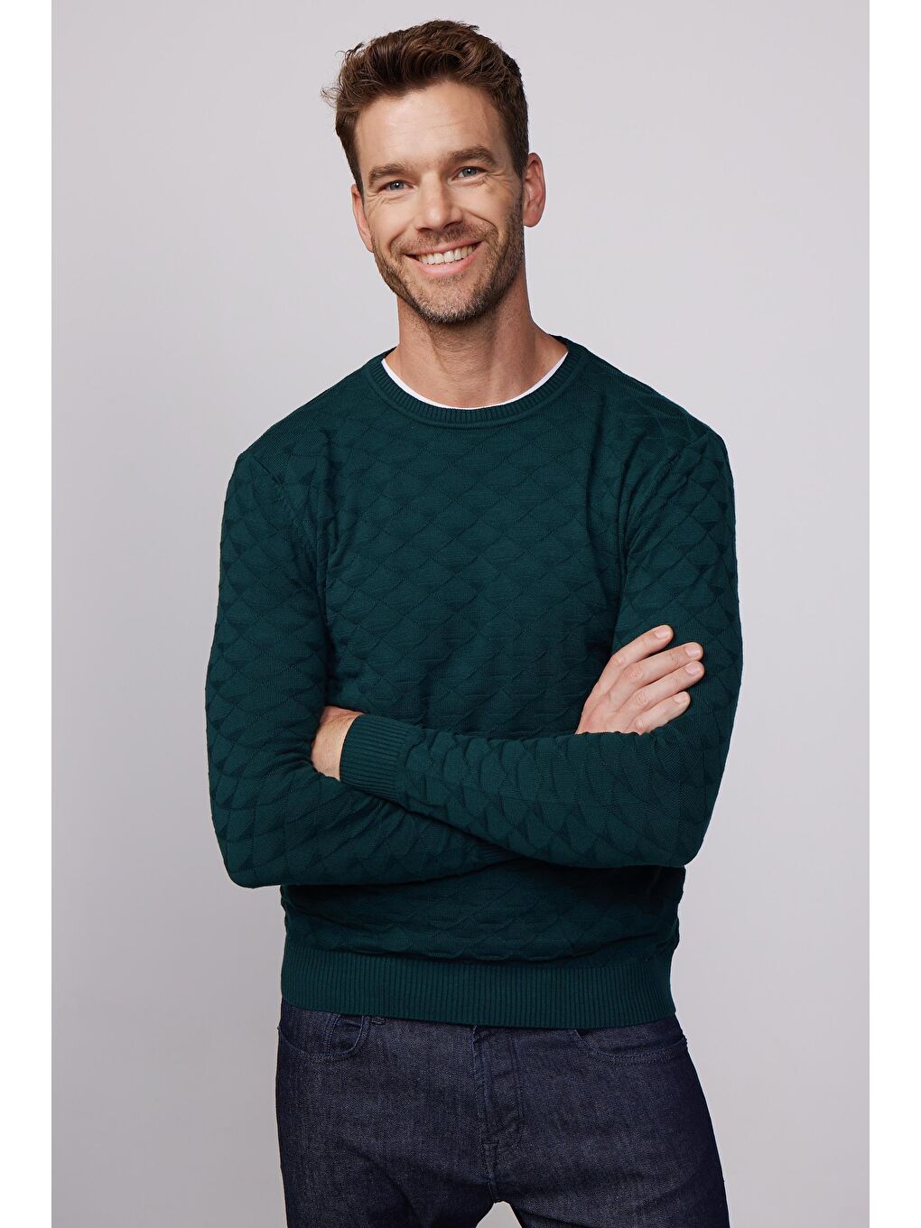 Yeşil Regular Fit Standart Kesim Bisiklet Yaka Desenli  Erkek Kazak-4