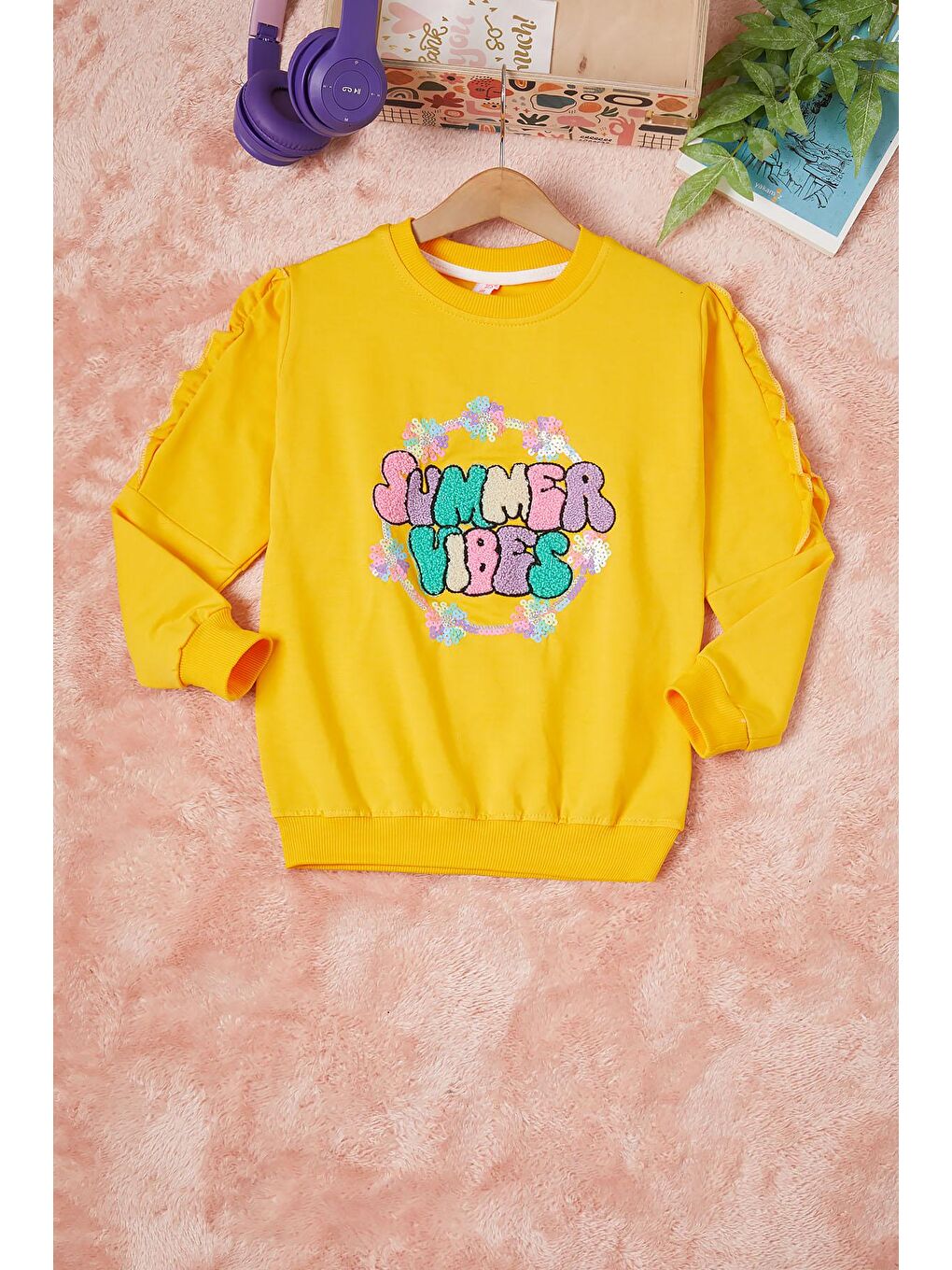 Sarı Summer Yazı Nakışlı Kız Çocuk Sweatshirt 16582