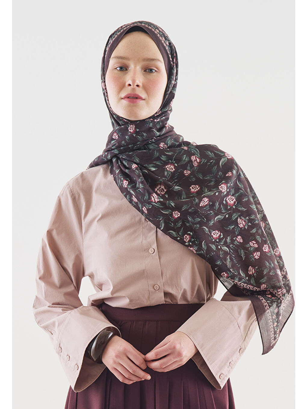 Bordo Mürdüm Leana Desenli Pamuk Viskon Şal-2