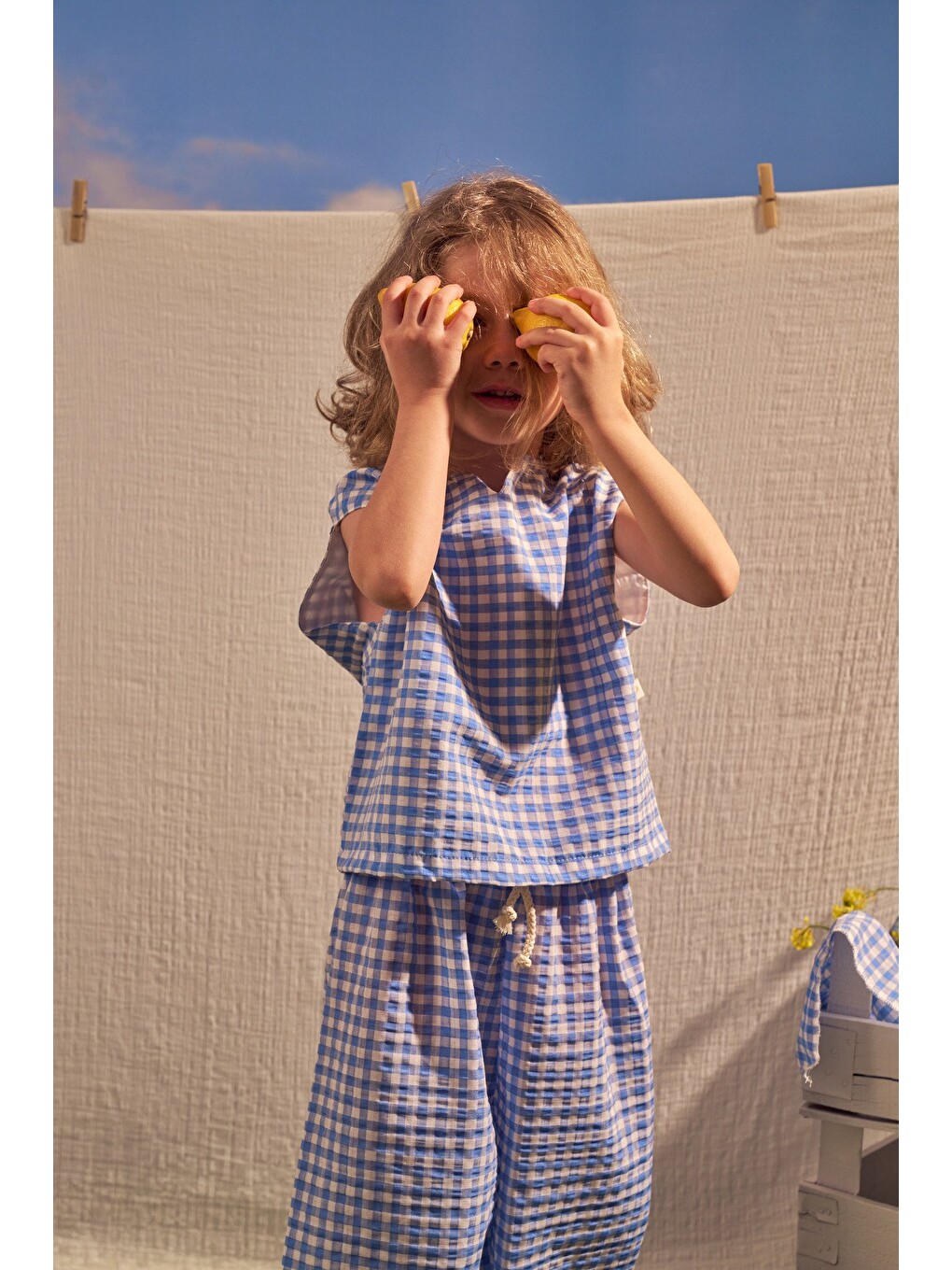 Mavi Daisy Picnic Serisi Balon Pantolonlu İkili Takim-6