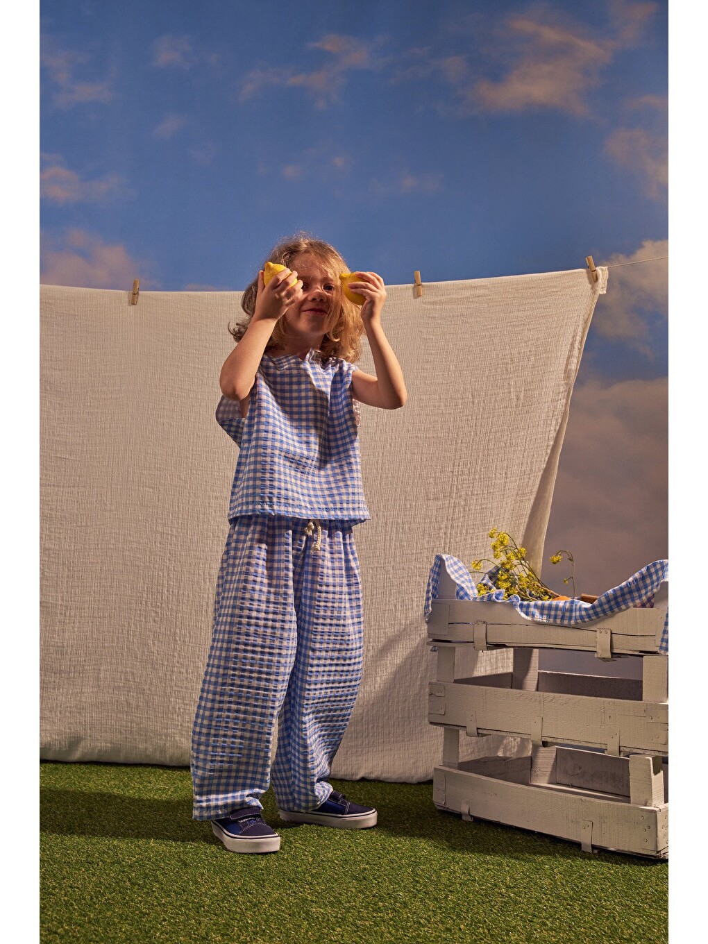Mavi Daisy Picnic Serisi Balon Pantolonlu İkili Takim-2