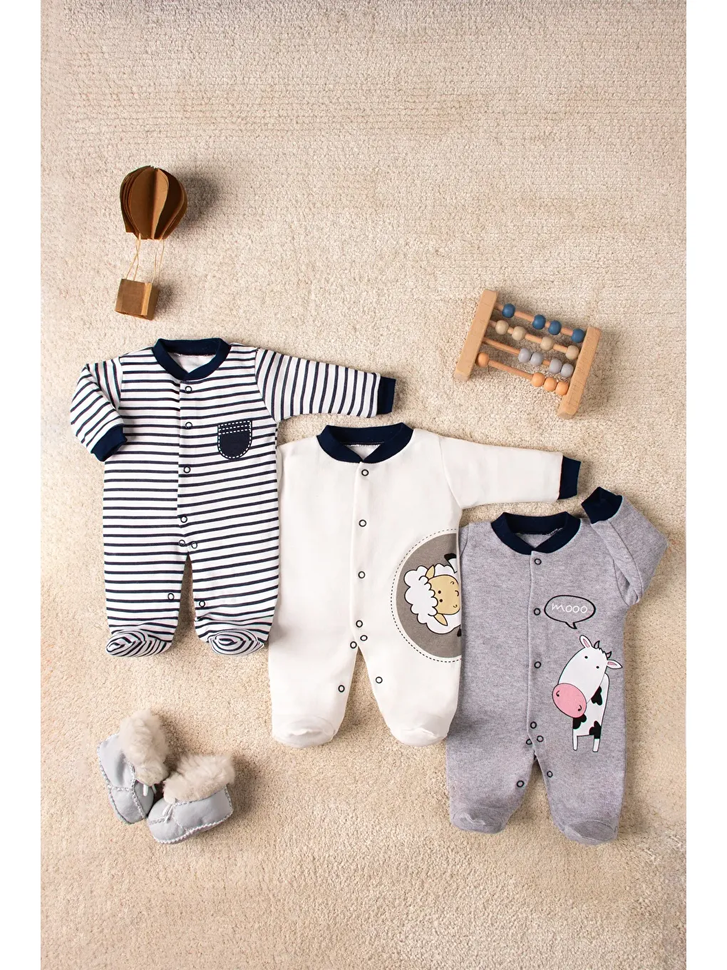 Gri İnek Kuzulu Beyaz 3' lü Bebek Tulum Seti