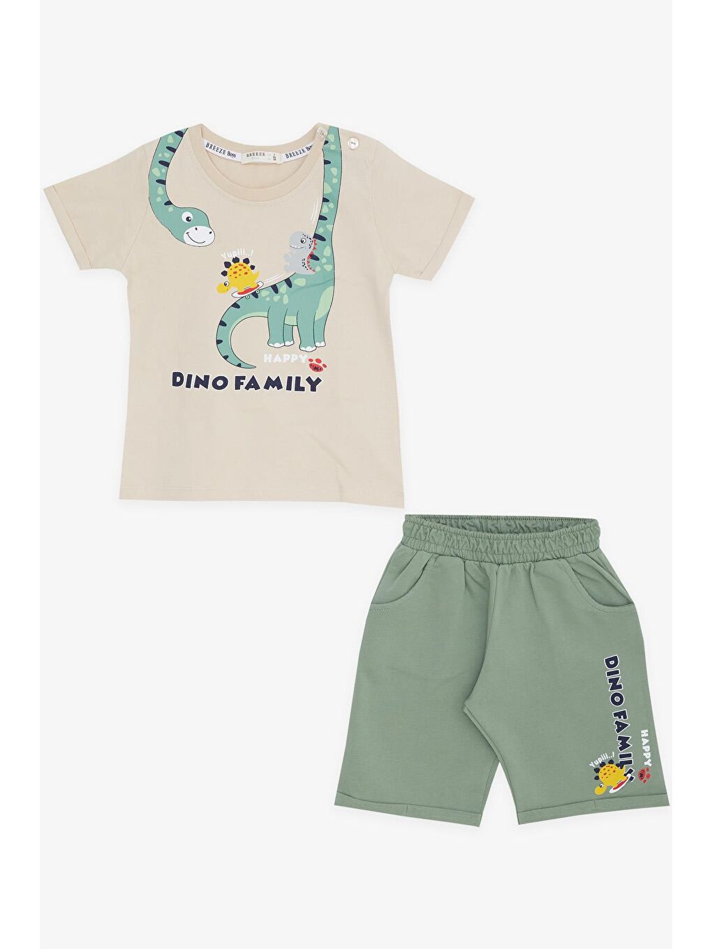 Erkek Çocuk Şortlu Takım Mutlu Dinozor Aile Baskılı Bej (1-4 Yaş)