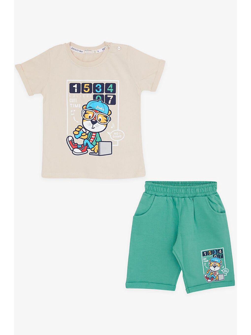 Erkek Çocuk Şortlu Takım Denizci Aslan Baskılı Bej (1-4 Yaş)