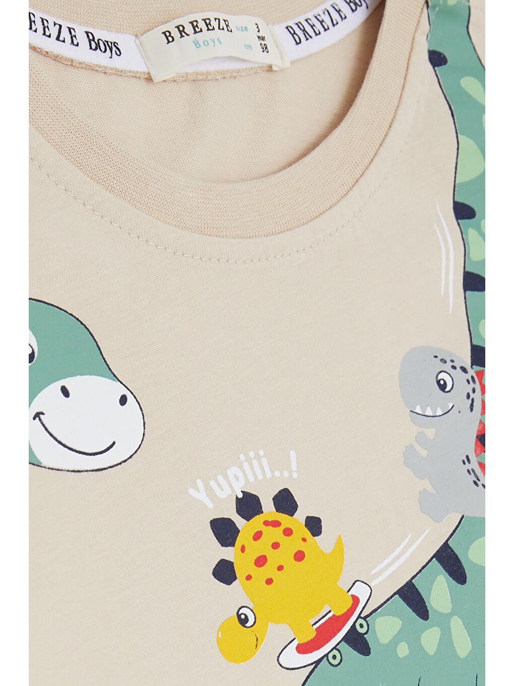Erkek Çocuk Şortlu Takım Mutlu Dinozor Aile Baskılı Bej (1-4 Yaş)-4