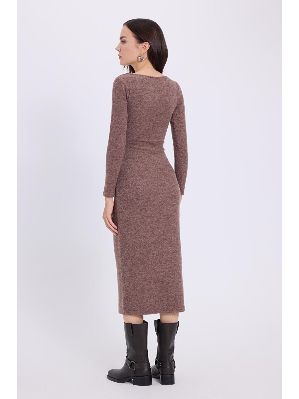 Kadın Slim Fit Dar Kesim Bisiklet Yaka Kahverengi Elbise-6
