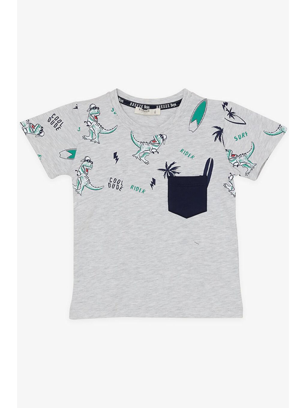 Bej Erkek Çocuk Şortlu Takım Cepli Havalı Dinozor Desenli Açık Gri Melanj (1.5-5 Yaş)-2