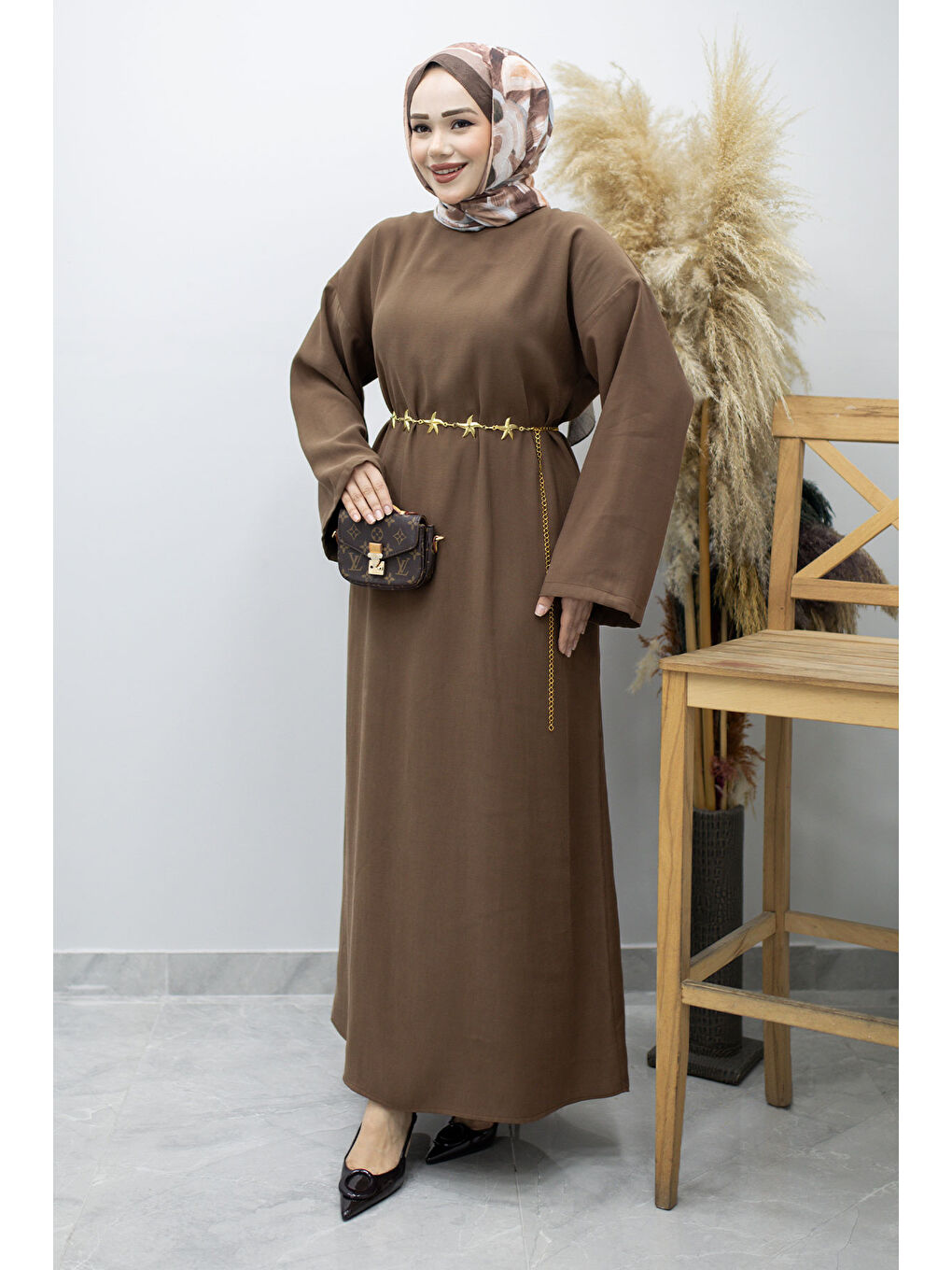 Zincir Kemerli Elbise TSD260191 Kahverengi