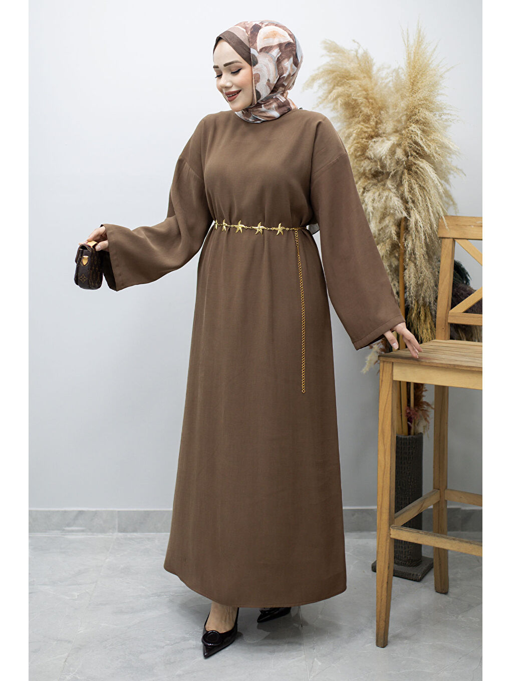 Zincir Kemerli Elbise TSD260191 Kahverengi-2