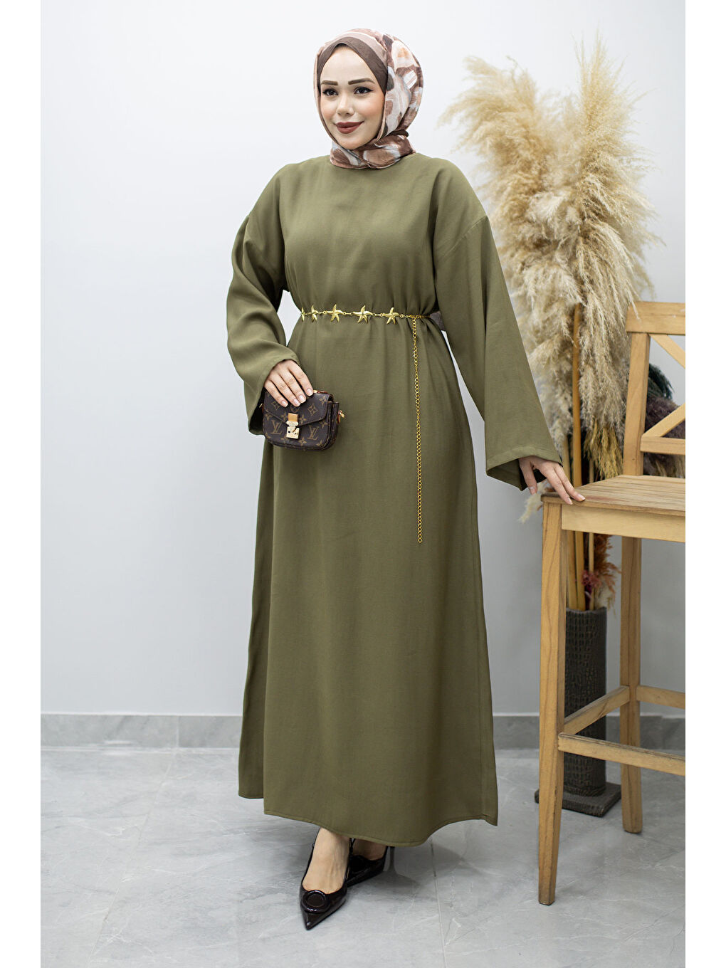 Zincir Kemerli Elbise TSD260191 Haki