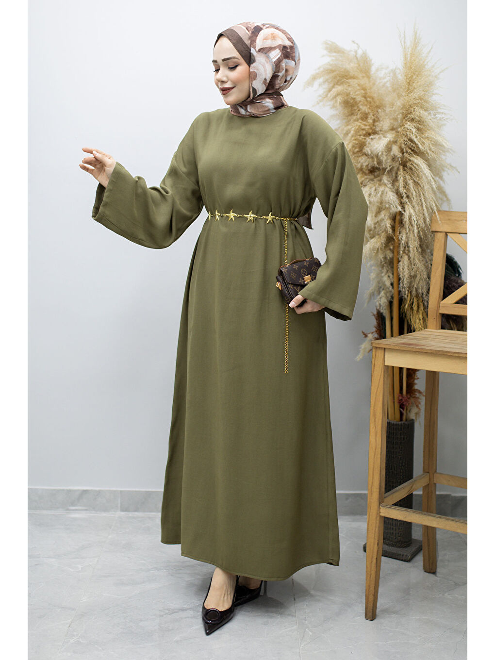 Zincir Kemerli Elbise TSD260191 Haki-2