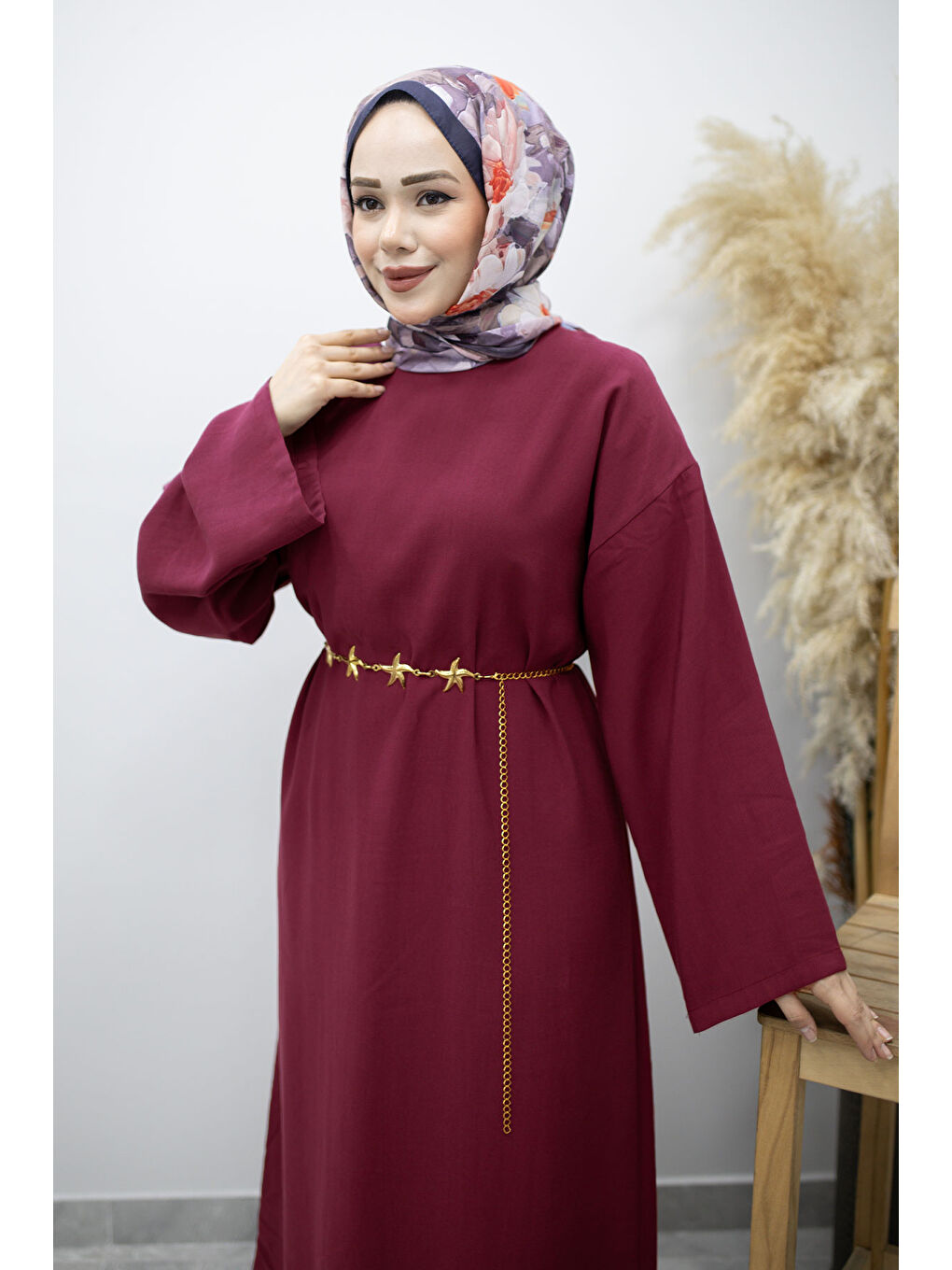 Zincir Kemerli Elbise TSD260191 Fuşya-1