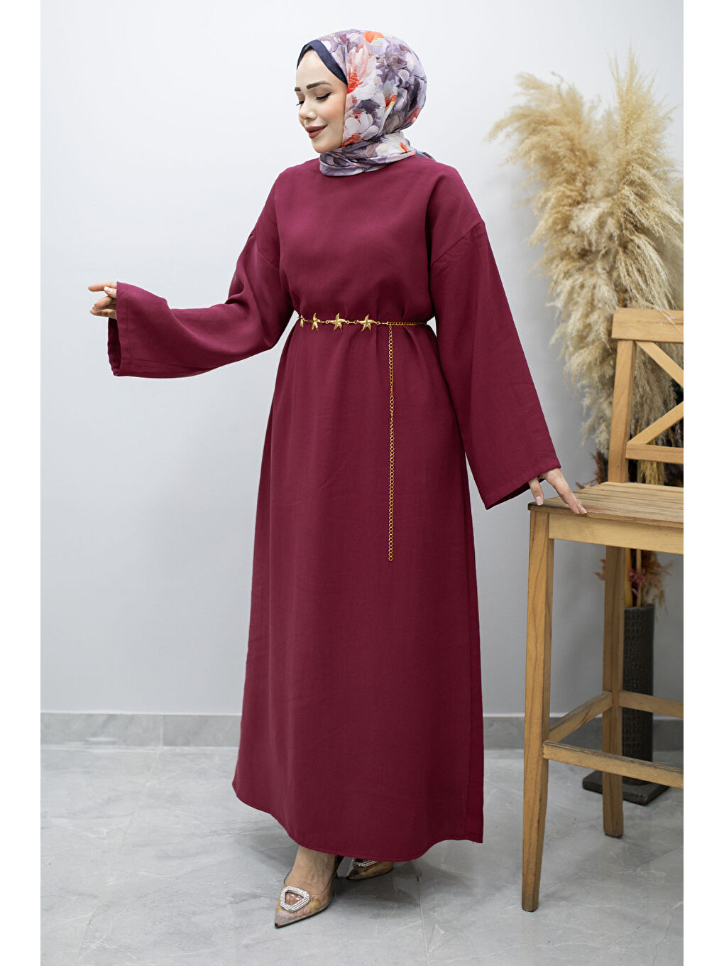 Zincir Kemerli Elbise TSD260191 Fuşya-2