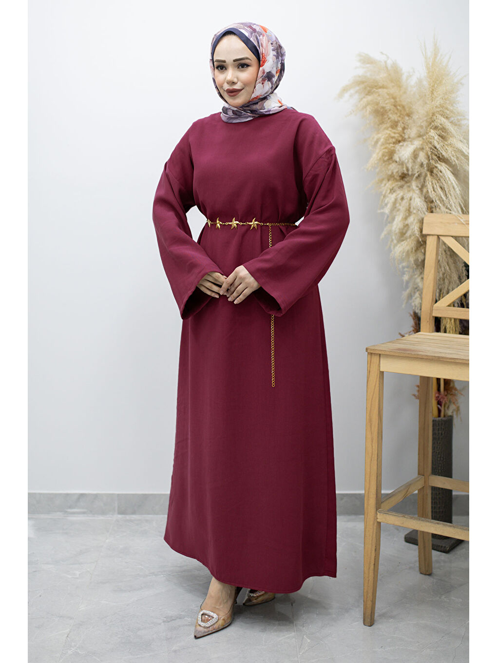 Zincir Kemerli Elbise TSD260191 Fuşya-4