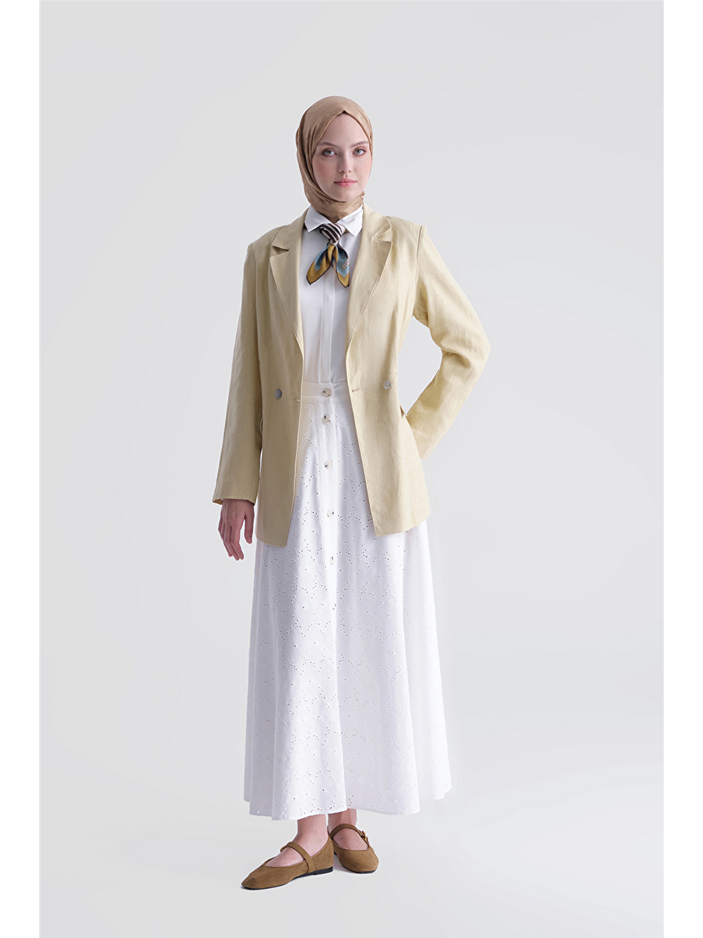 Düğmeli Brode Etek Ekru