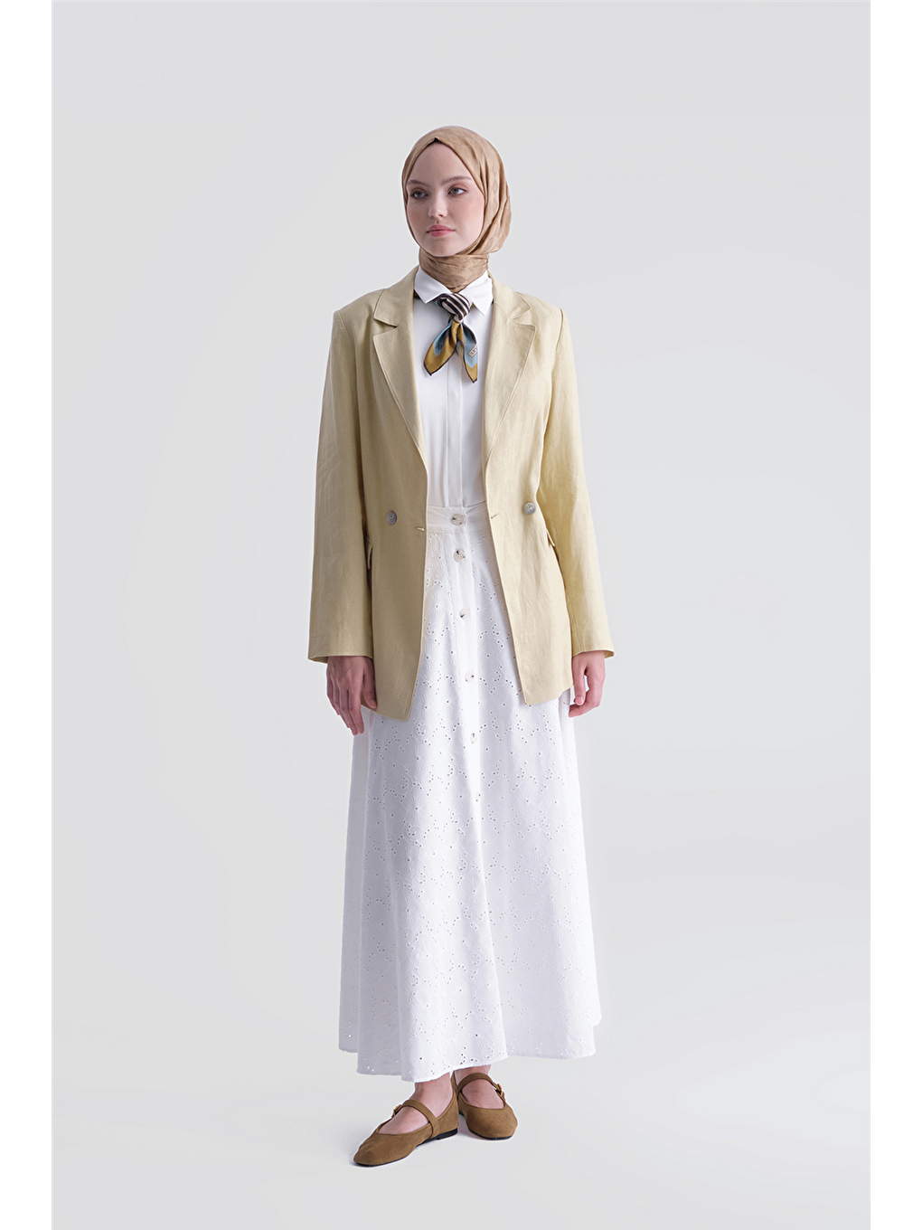 Düğmeli Brode Etek Ekru-1