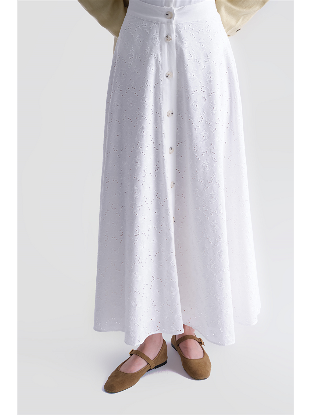 Düğmeli Brode Etek Ekru-2