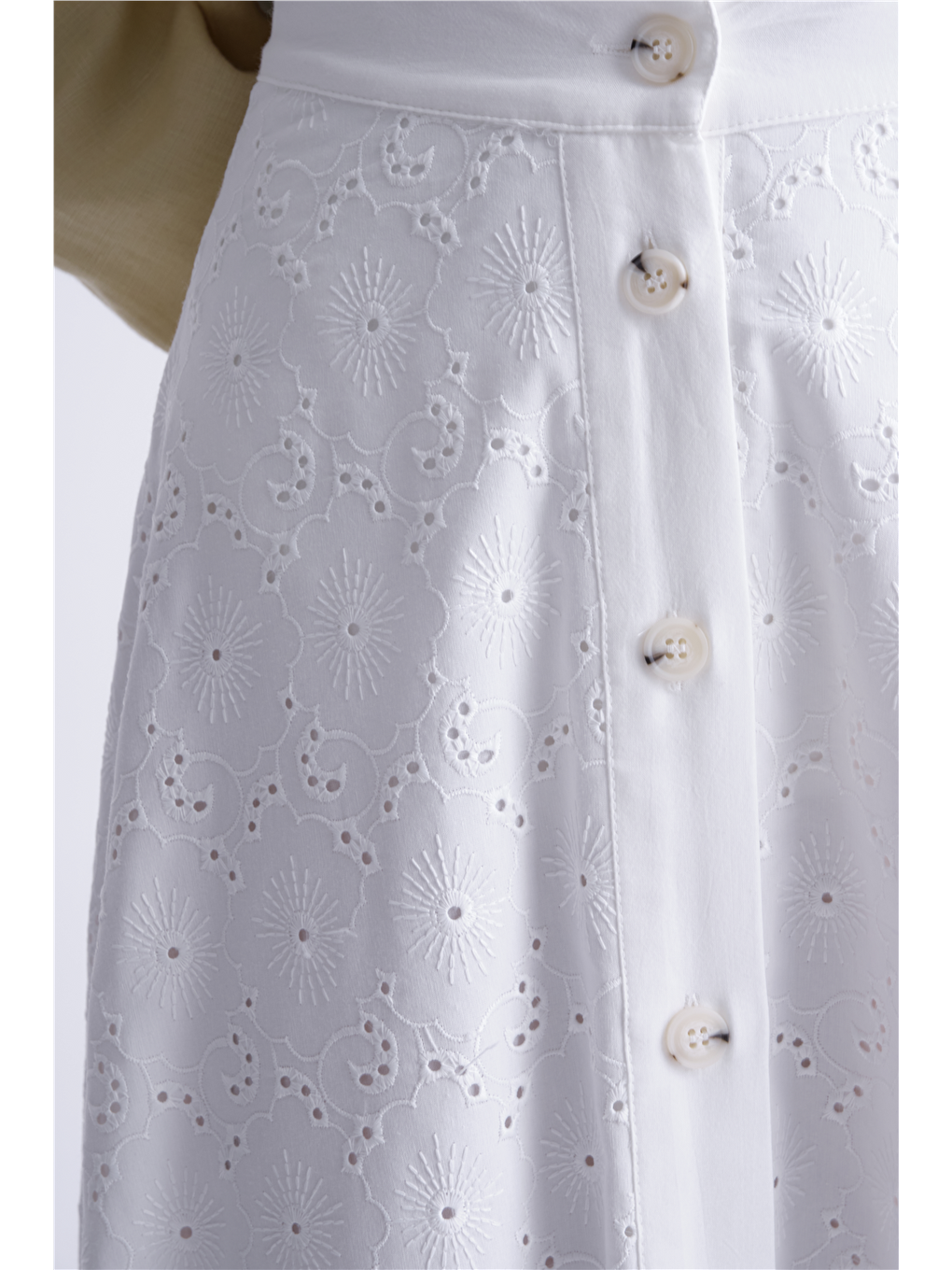 Düğmeli Brode Etek Ekru-3