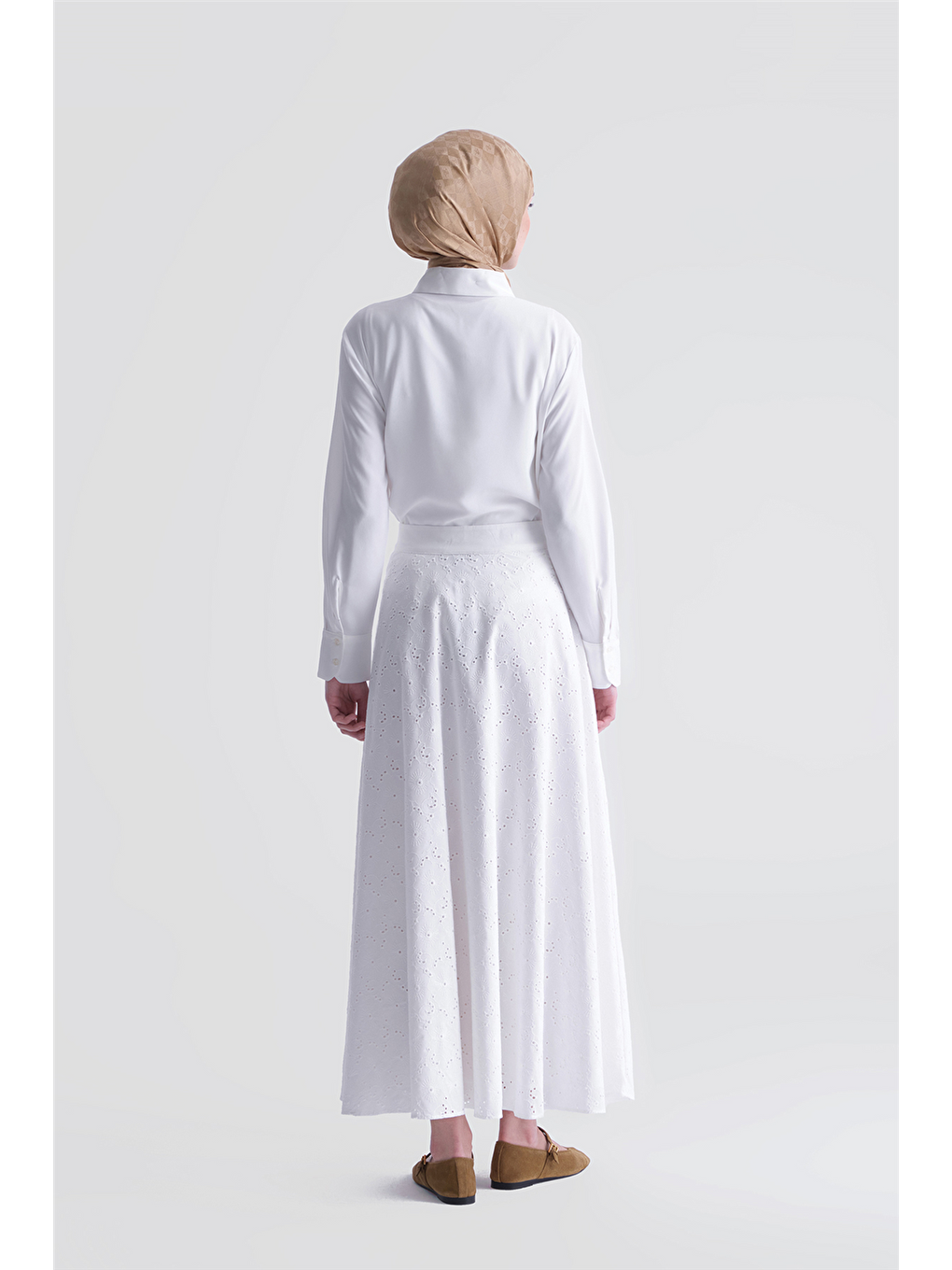 Düğmeli Brode Etek Ekru-4