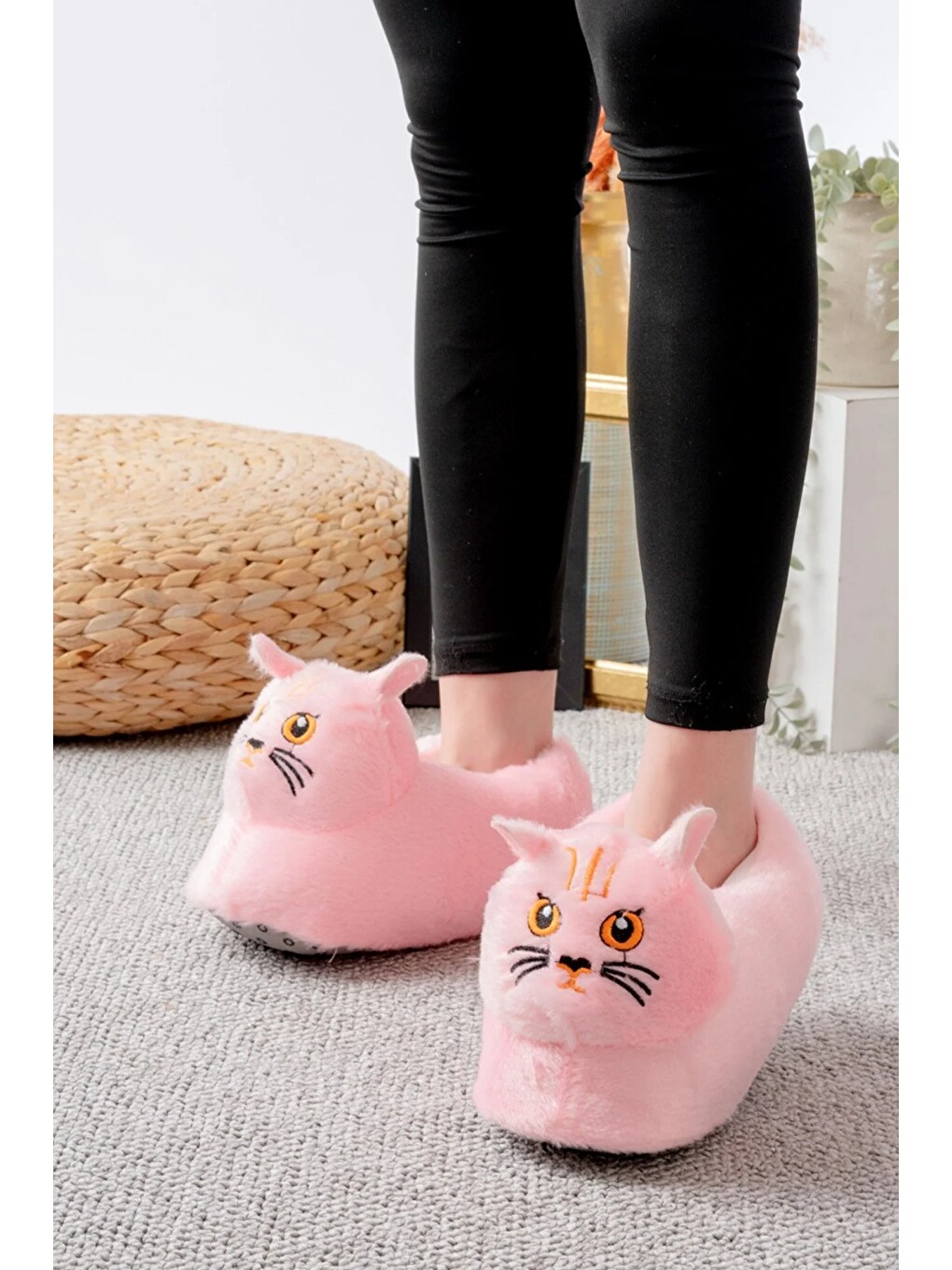 Pembe Kedi Figürlü Pelüş Panduf Ev Pandufu Unisex-3