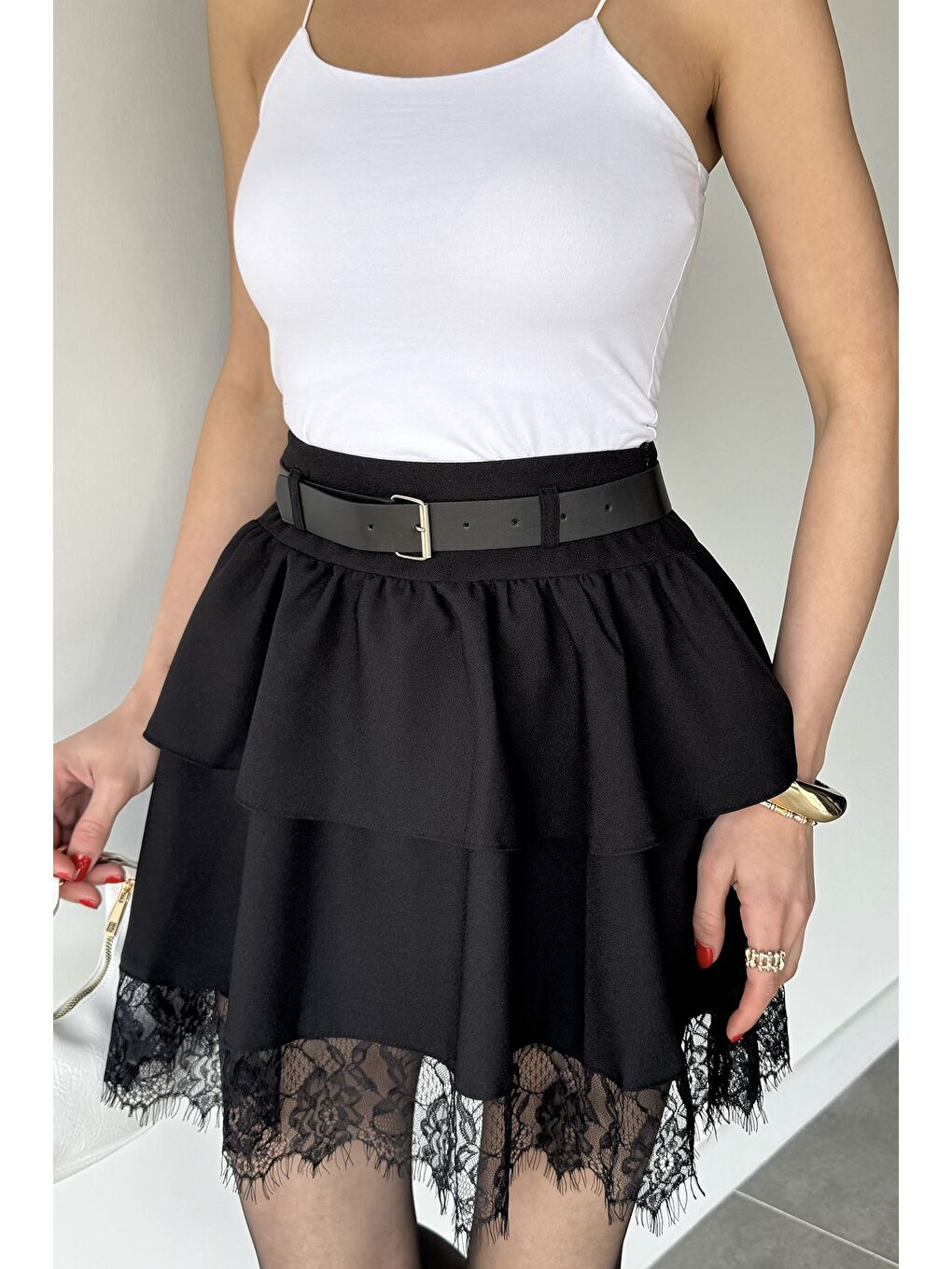 Siyah Kadın Kemerli Kat Kat Şort Etek-1