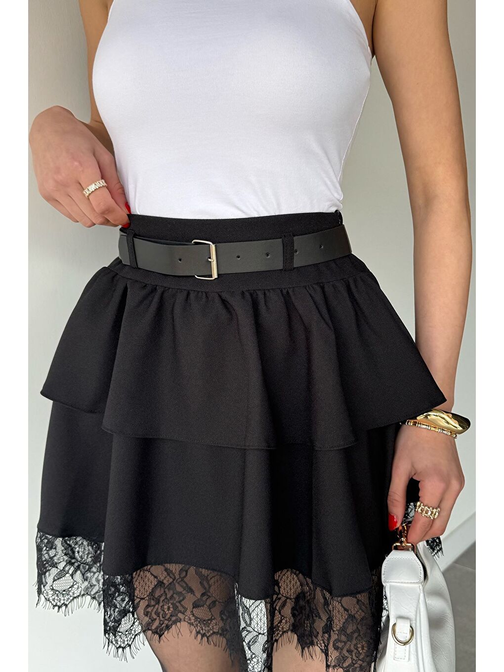 Siyah Kadın Kemerli Kat Kat Şort Etek-2