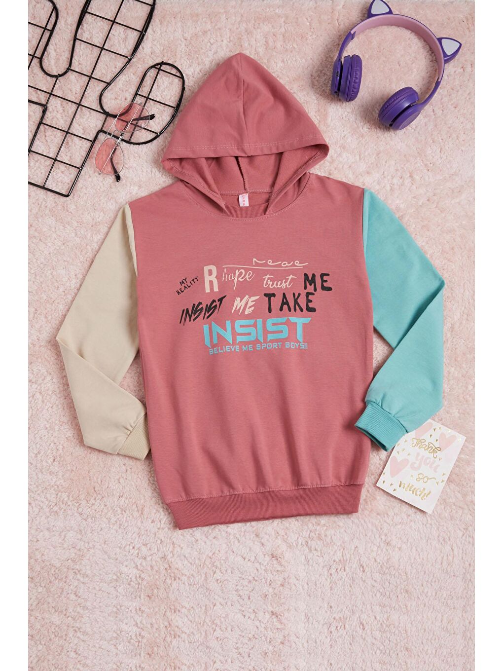 Pembe Gül Kurusu Yazı Baskı Renkli Kollu Kapüşonlu Kız Çocuk Sweatshirt 16299