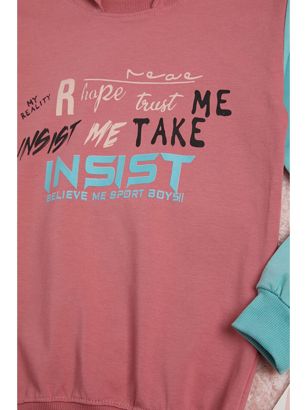 Pembe Gül Kurusu Yazı Baskı Renkli Kollu Kapüşonlu Kız Çocuk Sweatshirt 16299-1
