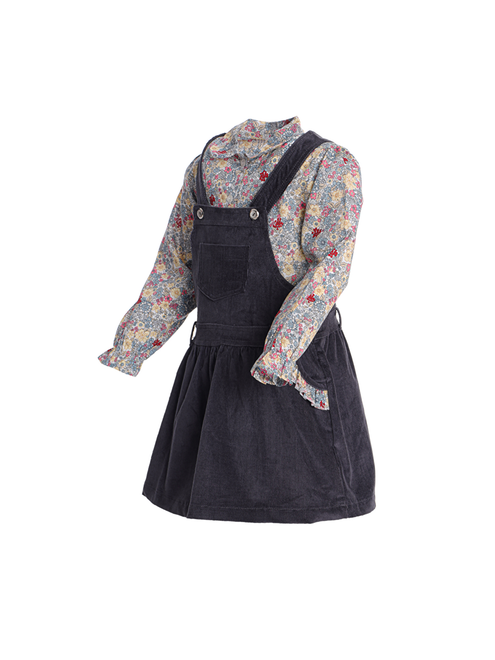 Antrasit Bebe Yaka Uzun Kollu Gömlek ve Kız Bebek Elbise-1