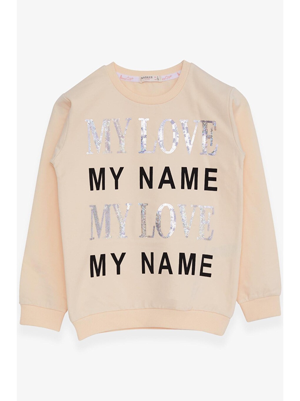 Ekru Kız Çocuk Sweatshirt Yazı Baskılı Pullu Krem (8-14 Yaş)