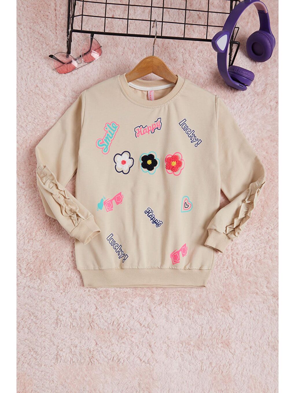 Ekru Krem Çiçek Nakışlı Uzun Kol Kız Çocuk Sweatshirt 16302