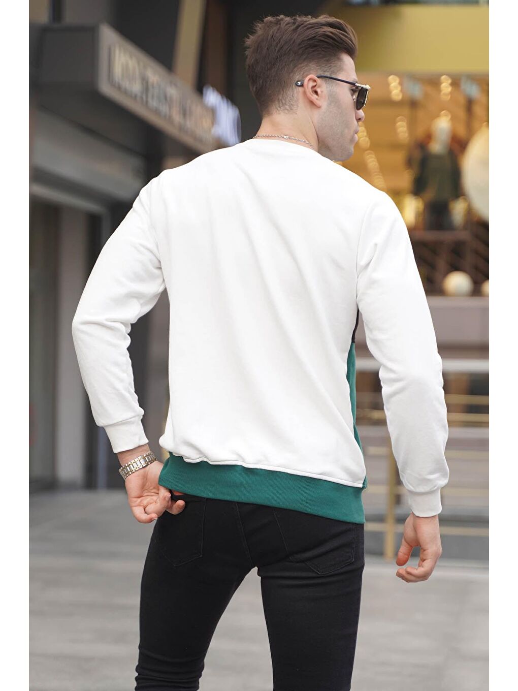 Madmext Ekru Bisiklet Yaka Baskılı Sweatshirt 6013 - 1