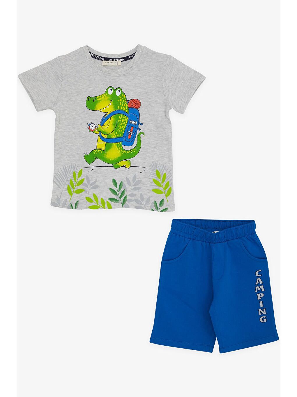Bej Erkek Çocuk Şortlu Takım Kampçı Timsah Baskılı Açık Gri Melanj (2-5 Yaş)