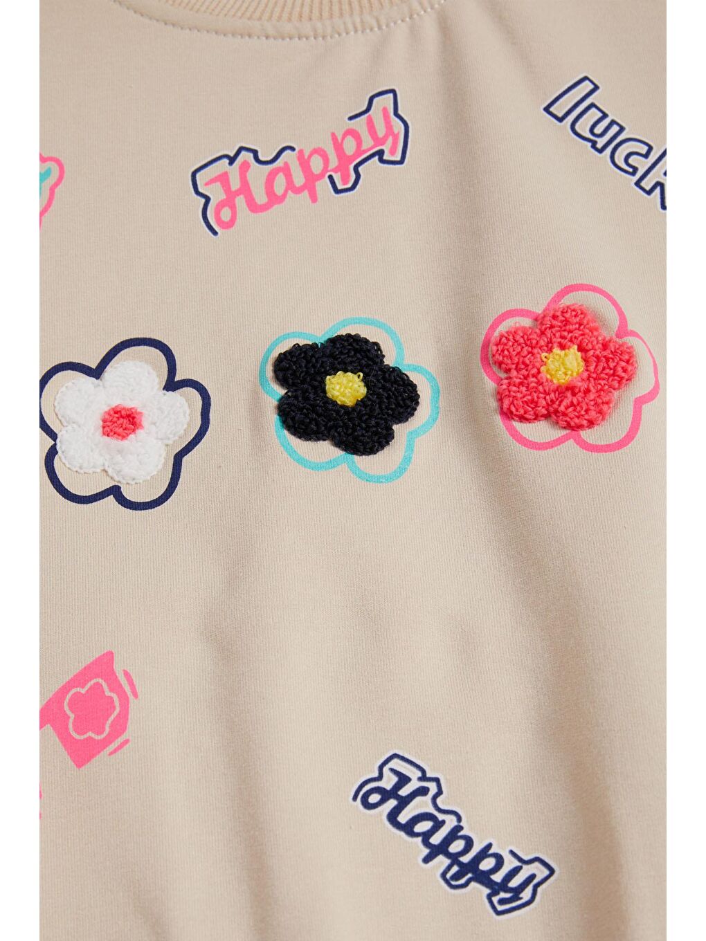 Ekru Krem Çiçek Nakışlı Uzun Kol Kız Çocuk Sweatshirt 16302-1