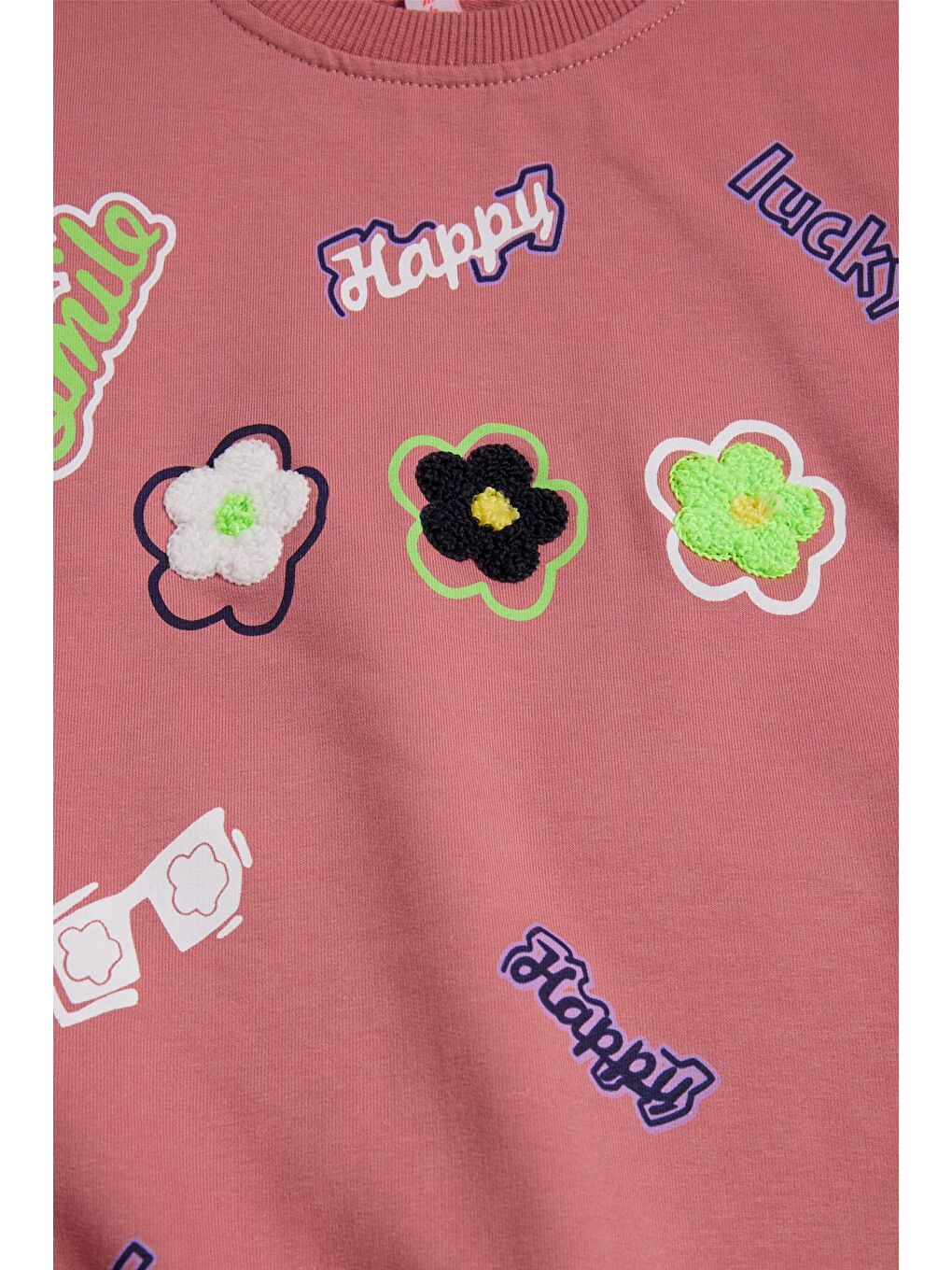 Pembe Gül Kurusu Çiçek Nakışlı Uzun Kol Kız Çocuk Sweatshirt 16301-1