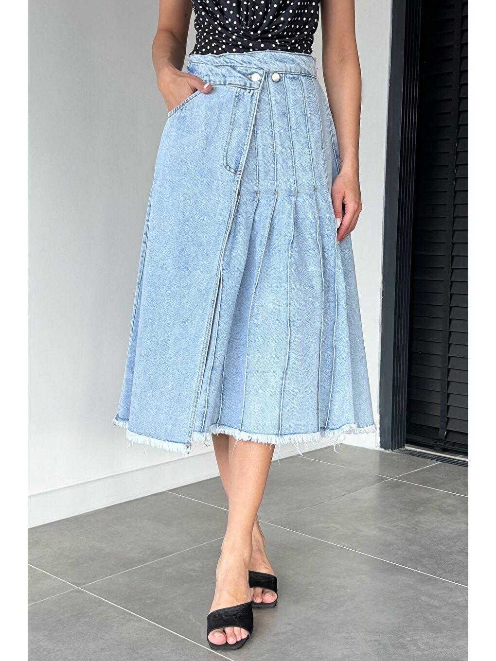Mavi Kadın Pileli Ve Püsküllü Jean Jean Etek-1