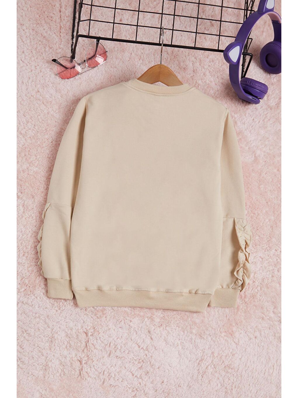 Ekru Krem Çiçek Nakışlı Uzun Kol Kız Çocuk Sweatshirt 16302-3