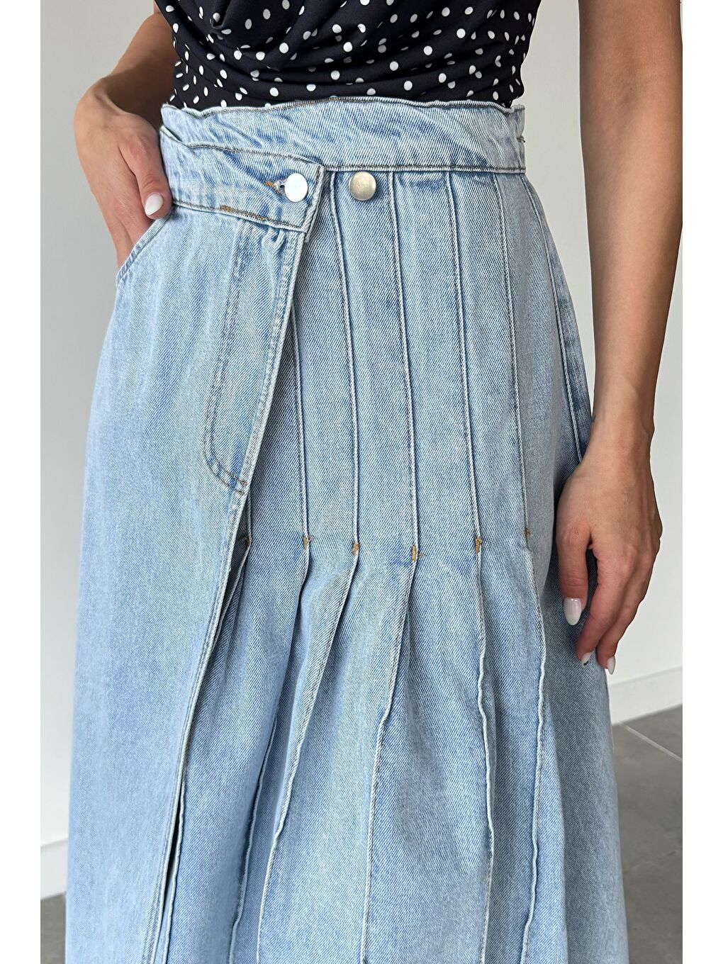 Mavi Kadın Pileli Ve Püsküllü Jean Jean Etek-3